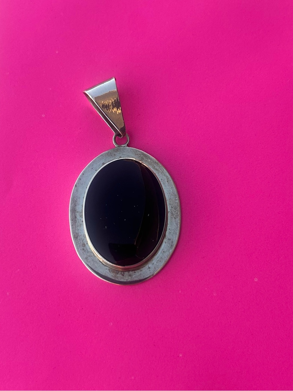 Vintage Oversized Sterling Silver Black Onyx Oval Pendant